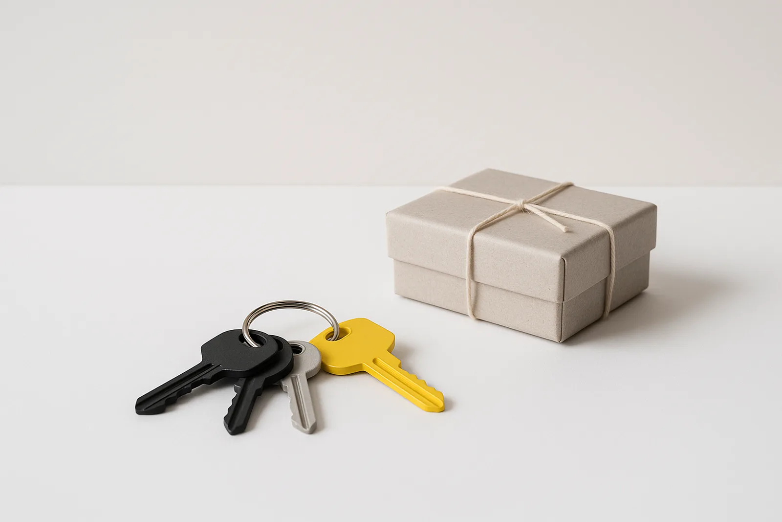 Four keys on one steel key ring, three in matte black and grey and one in lemon yellow, beside a small grey parcel tied with string on a white surface.