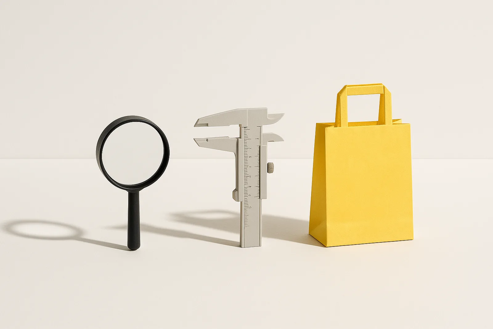 A matte black magnifying glass, a light grey caliper and a lemon-yellow paper shopping bag lined up left to right on a paper-white surface, like the steps of an errand from finding to checking to buying.