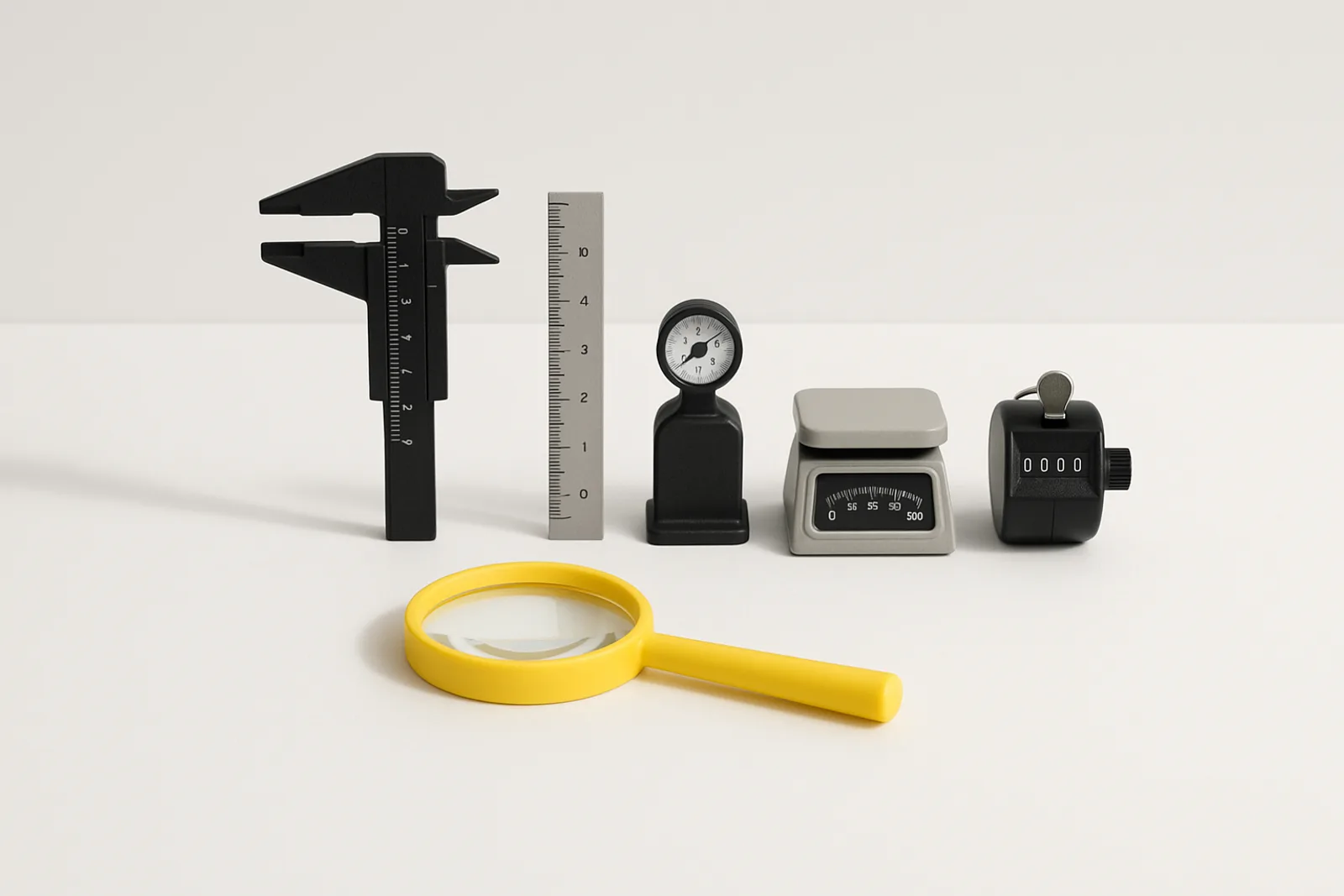 A row of matte black and grey measuring instruments on a white surface in soft daylight, with a single lemon-yellow magnifying glass resting in front of them.