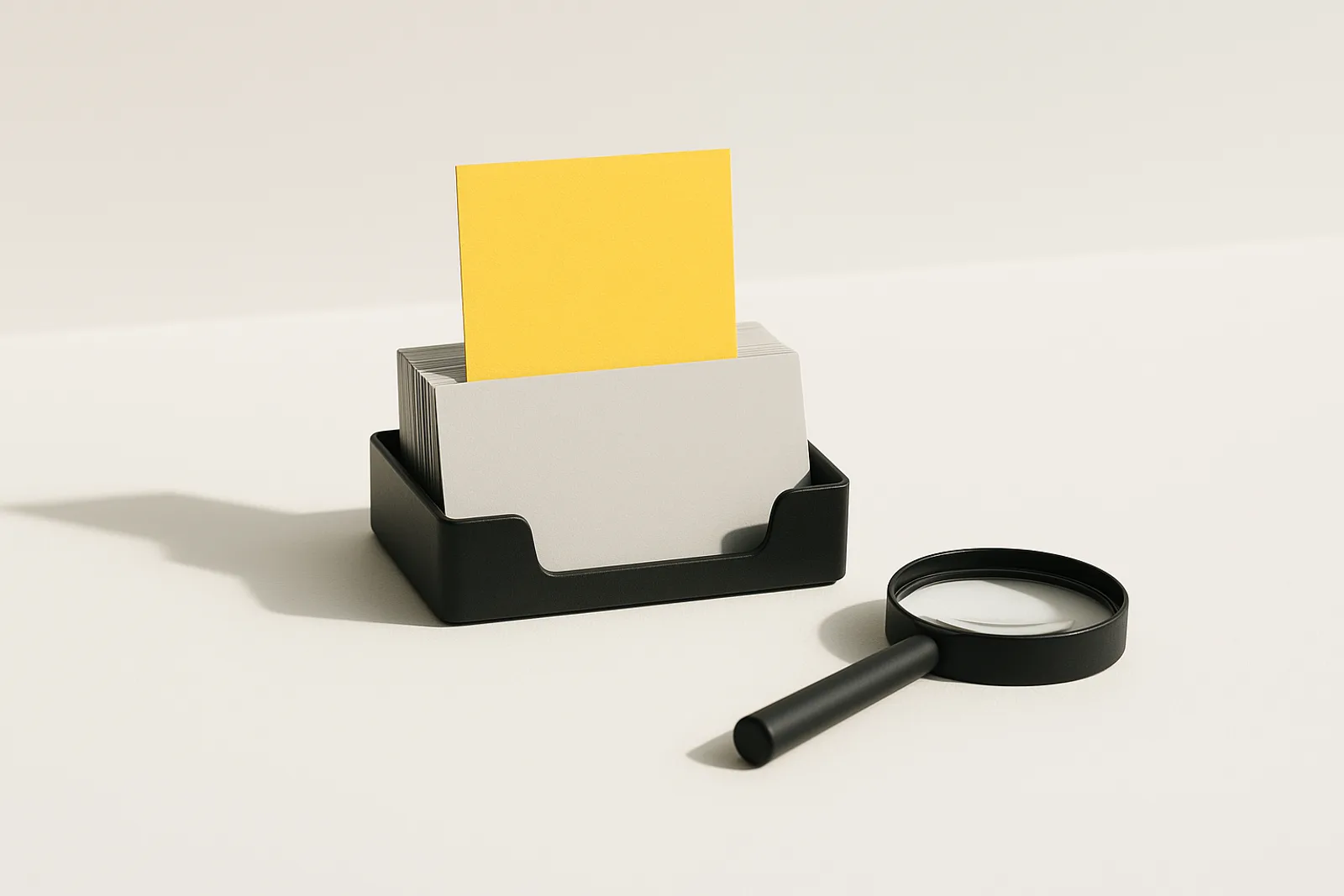 A matte black card tray holding a neat stack of blank light grey index cards, with one blank lemon-yellow card pulled halfway up as the corrected record and a matte black magnifying glass resting beside the tray.