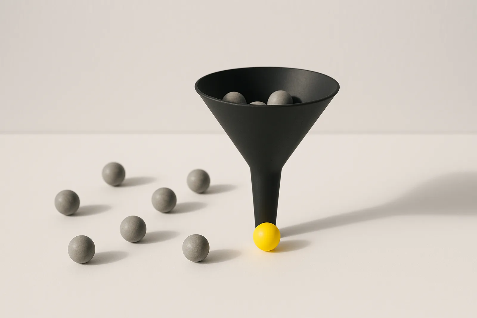 A matte black funnel holding grey marbles on a paper-white surface, more grey marbles scattered beside it, and a single lemon-yellow marble resting at its narrow end.