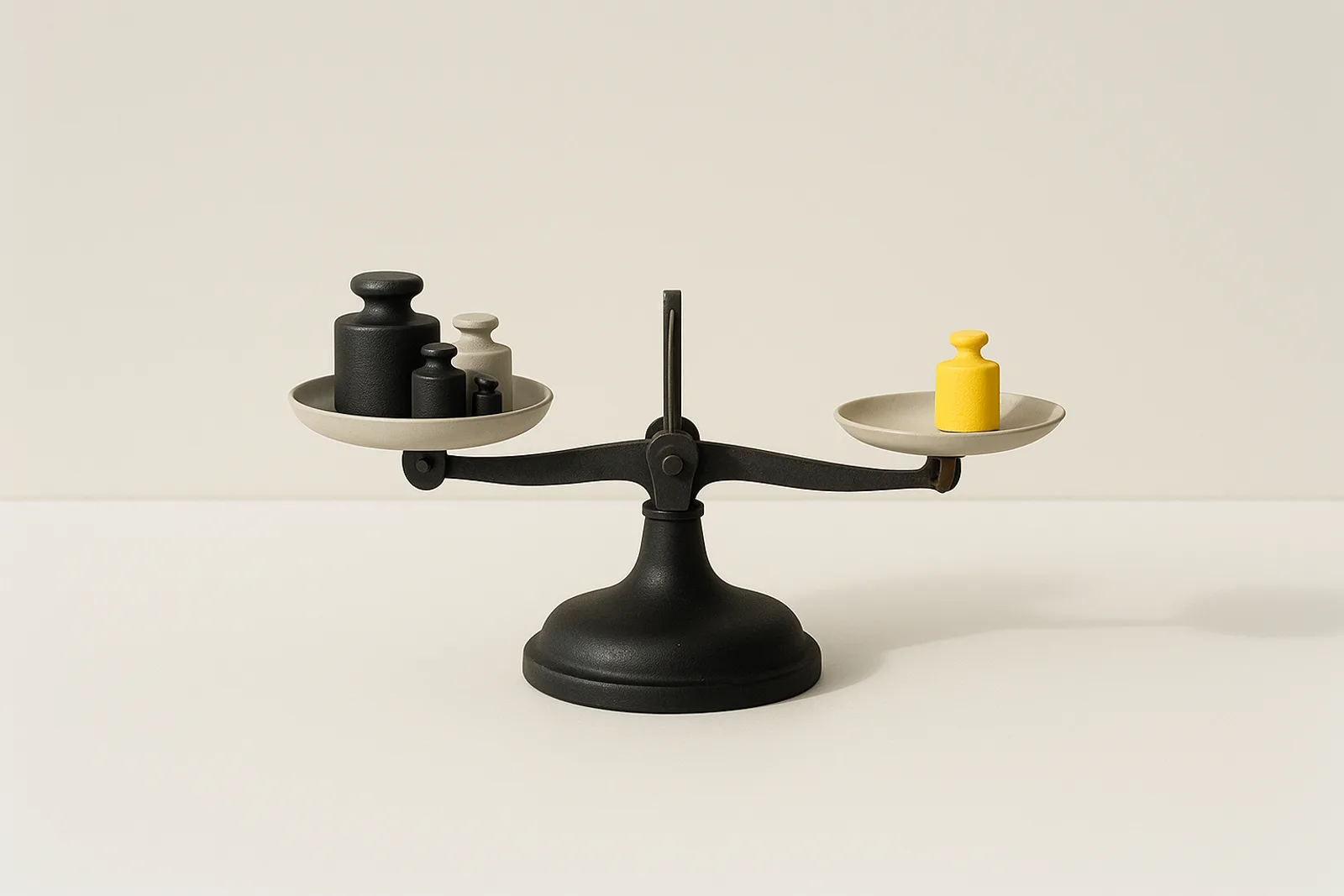A black laboratory balance scale on a white surface, with several matte black and grey weights on one pan and a single small lemon-yellow weight on the other.