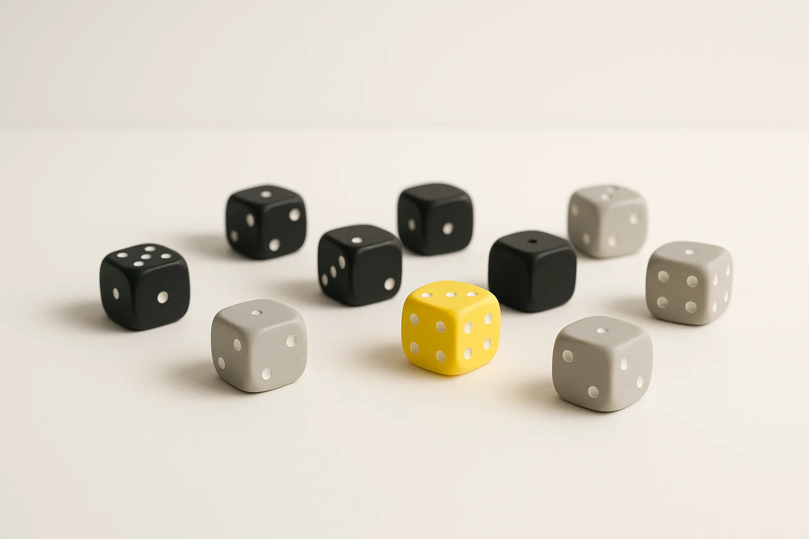 A scatter of matte black and light grey dice on a white surface, each showing a different face, with a single lemon-yellow die among them.