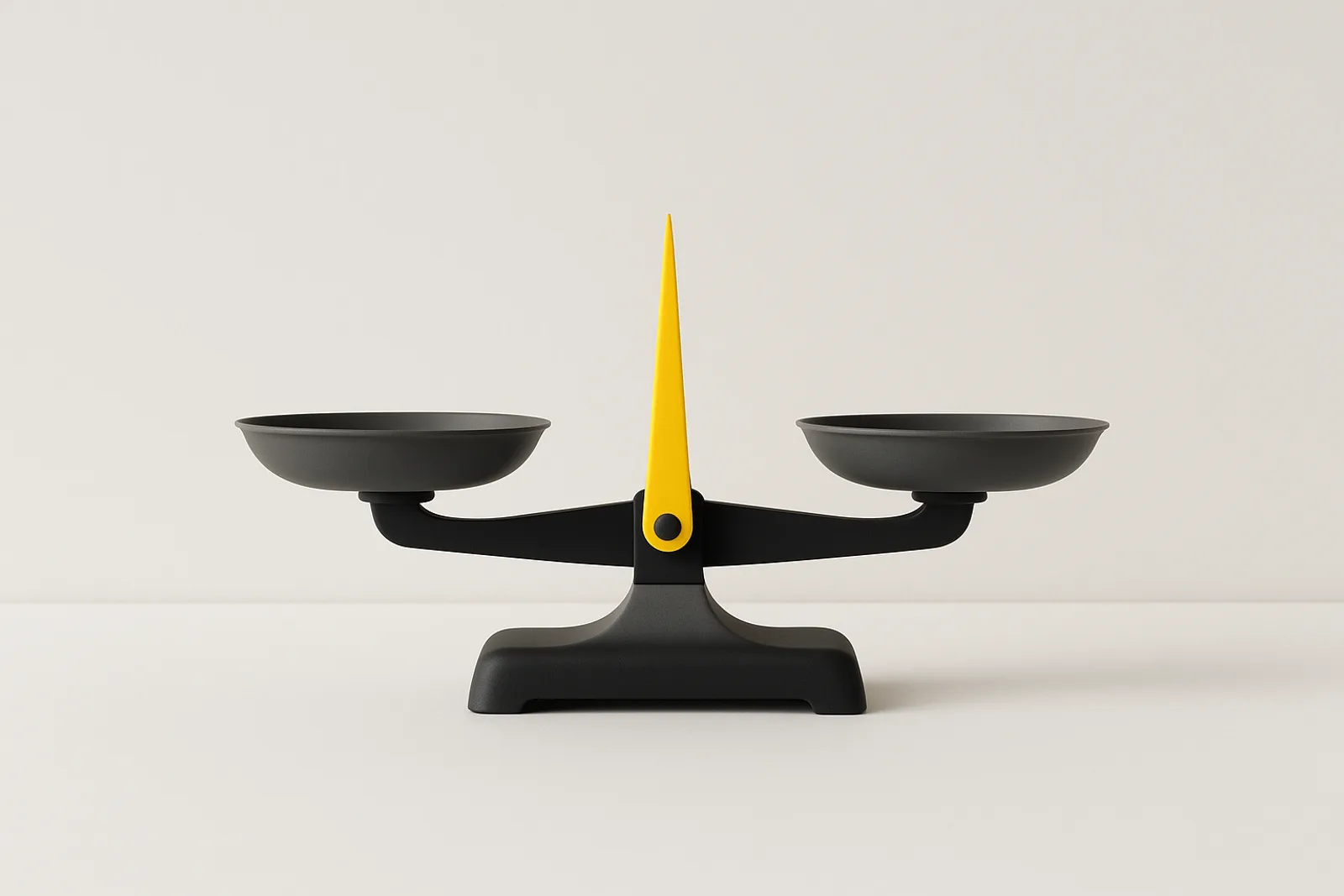 Two matte black weighing scale pans on a clean white surface, balanced by a lemon-yellow pointer in the middle, like an honest comparison page that weighs both options before giving a verdict.