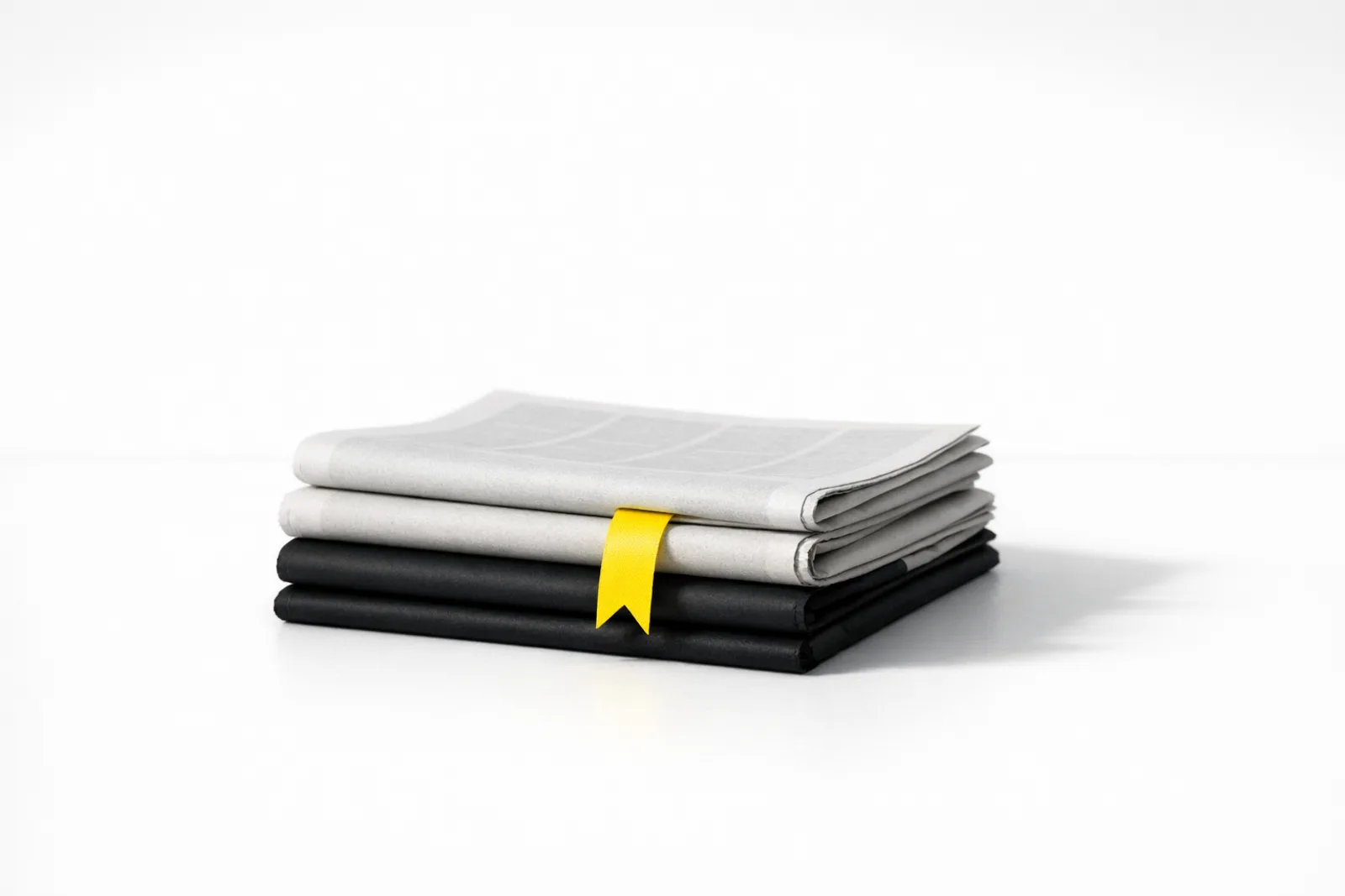 A stack of folded newspapers in matte black and light grey on a clean white surface, with a single lemon-yellow bookmark ribbon marking the one page worth quoting, like a brand mention placed where AI answers already read.
