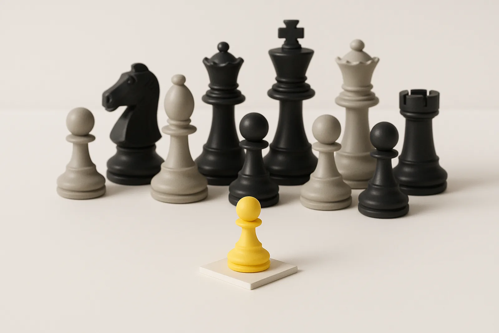 A crowded arrangement of matte black and light grey chess pieces on a white surface, with one small lemon-yellow pawn standing on a raised square ahead of the larger pieces.