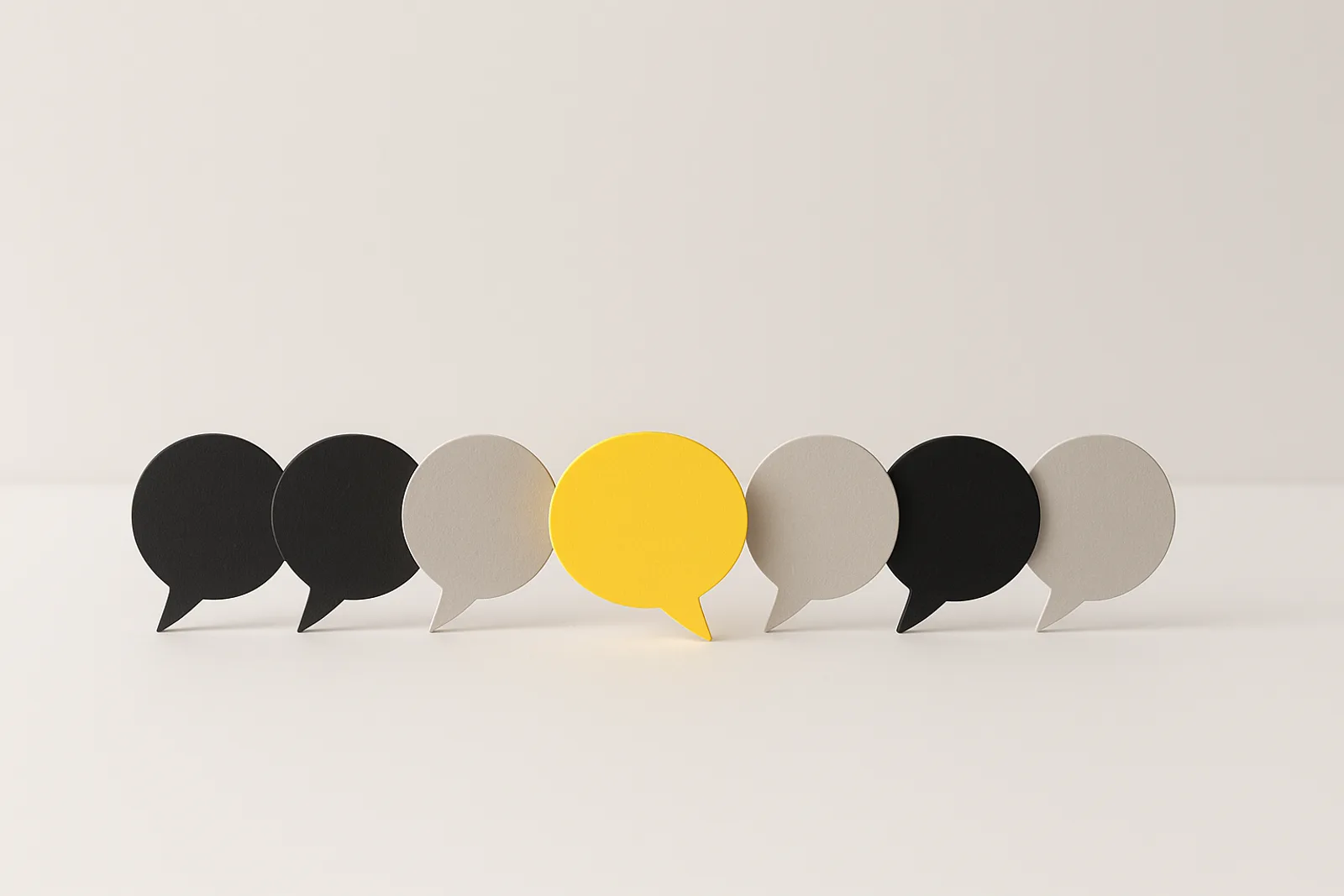 A row of matte black and light grey speech bubble shapes standing on a clean white surface, with one lemon-yellow bubble in the middle catching the light, like the single forum reply an answer engine chooses to quote.