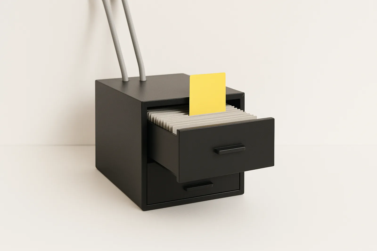 A matte black filing cabinet on clean white with two thin grey pipes entering its top and its top drawer open, where one lemon-yellow index card stands taller than rows of grey cards, like the one outside source a workplace assistant chooses to quote.