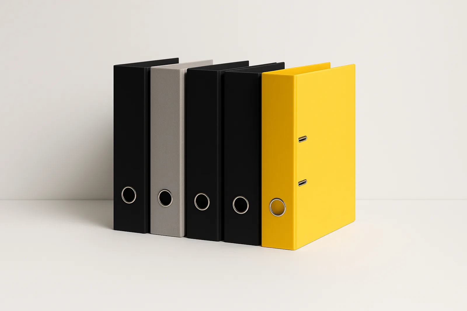 A row of matte black and light grey lever arch binders standing on a white surface, with one lemon-yellow binder at the end of the row turned toward the viewer.
