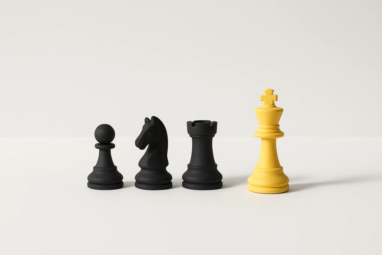A matte black pawn, knight and rook lined up on a white surface, with a lemon-yellow king standing slightly apart as if choosing which pieces to bring onto the board, in soft daylight.
