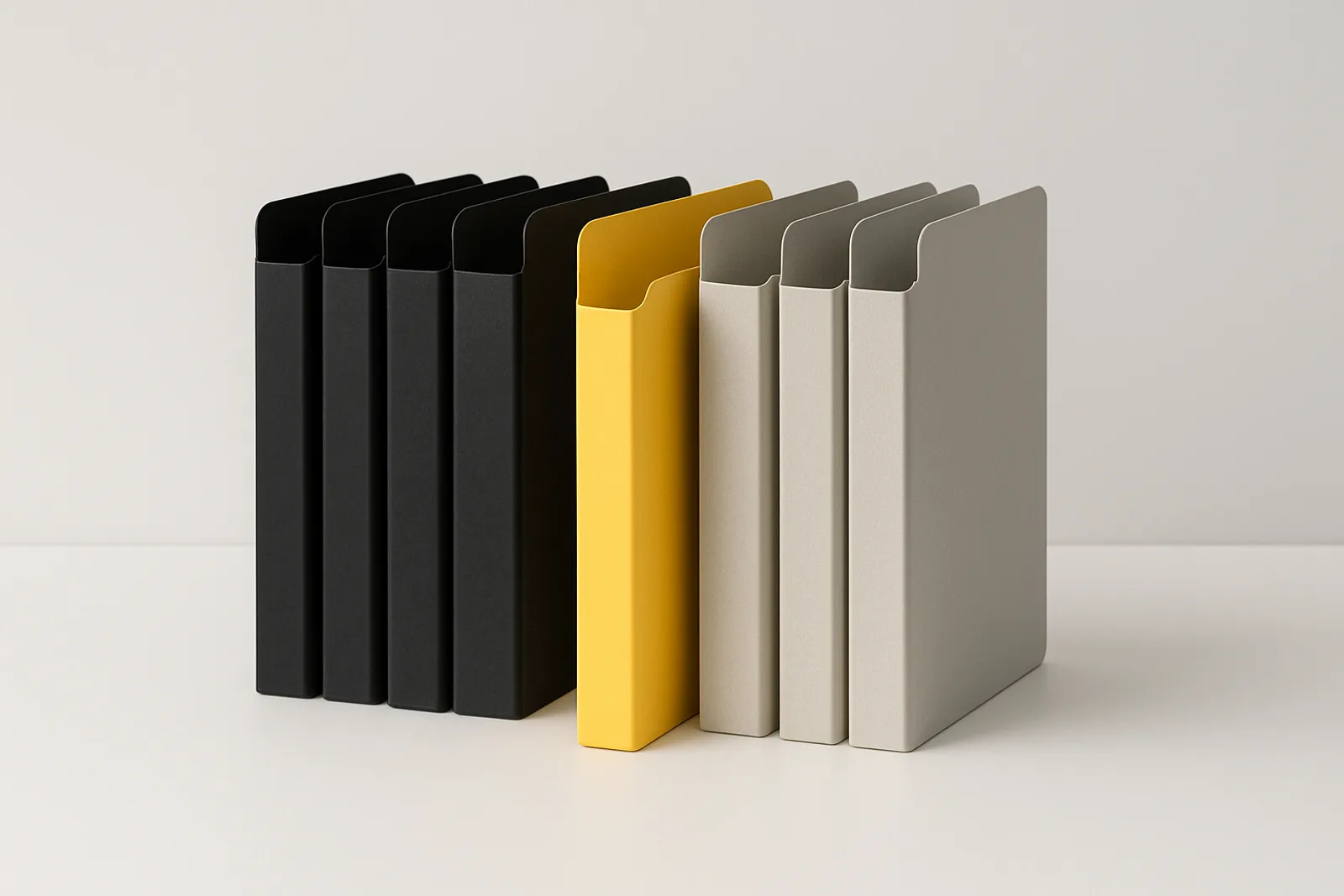 A row of matte black and light grey file folders standing upright on a white surface, with one lemon-yellow folder set slightly forward, as if picked from a shortlist.