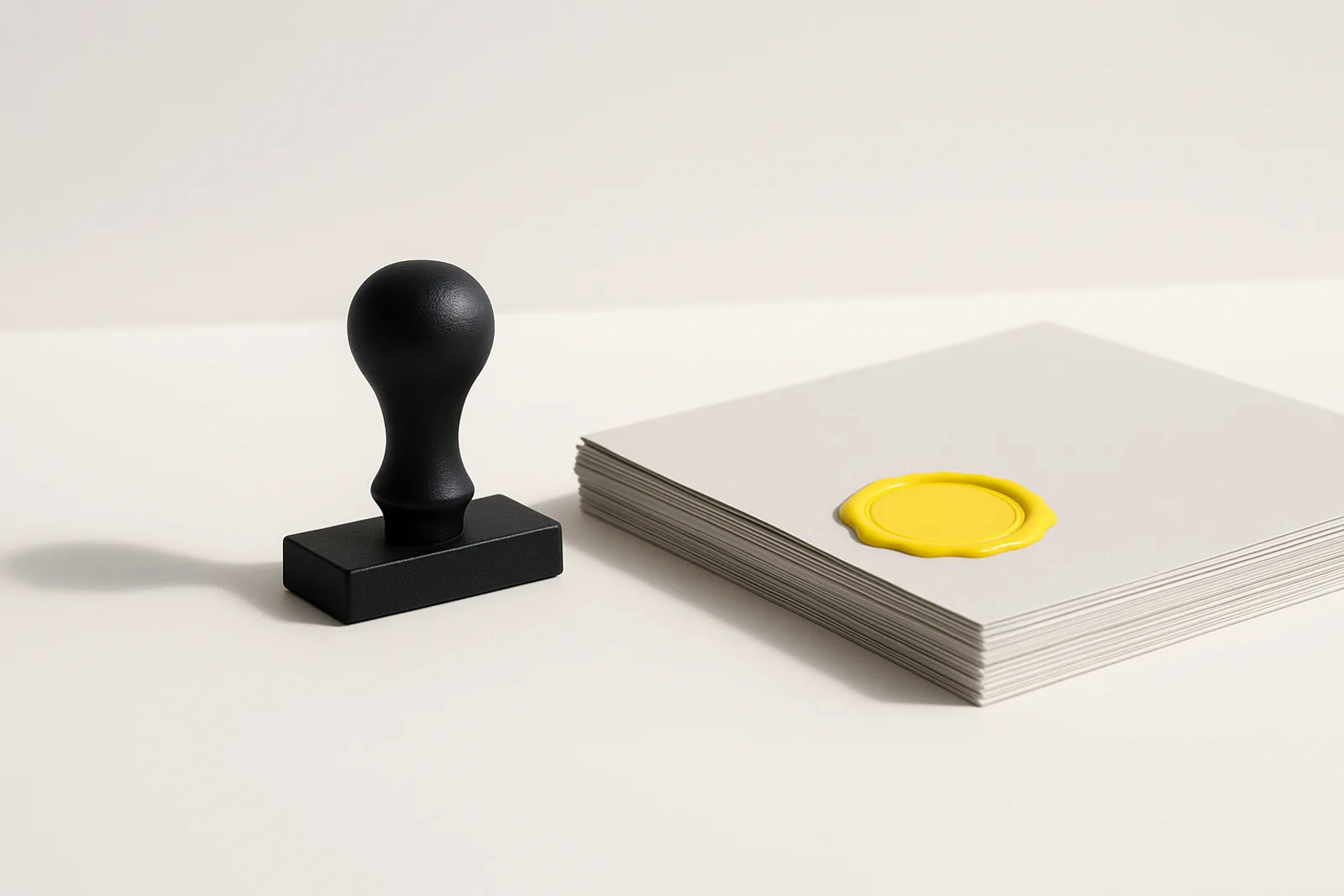 A matte black rubber stamp standing beside a neat stack of light grey documents, with a single lemon-yellow wax approval seal pressed on the top sheet, on clean white.