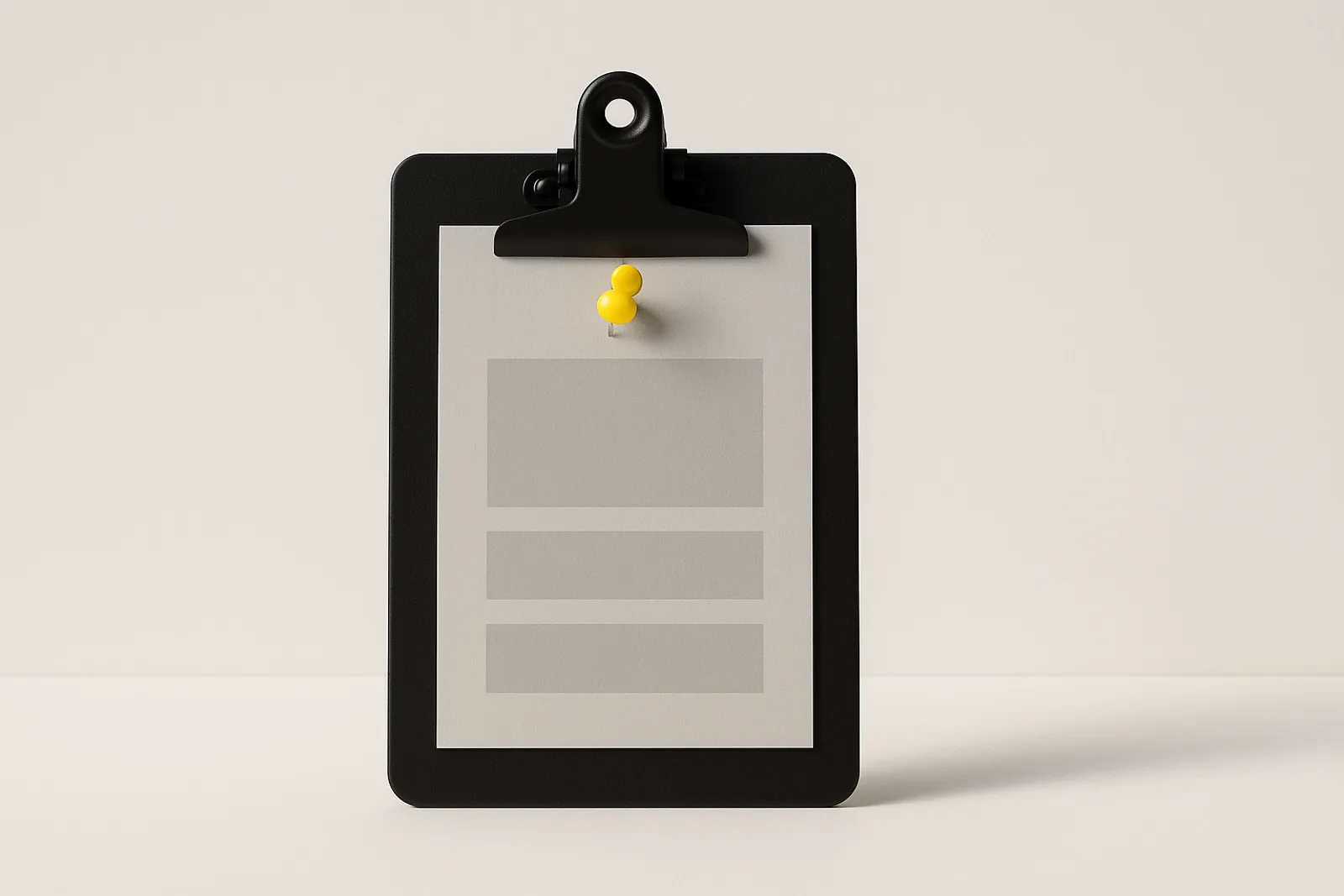 A matte black clipboard on a white surface holding a light grey sheet printed with three blank grey blocks, and a single lemon-yellow pushpin at the top of the page.