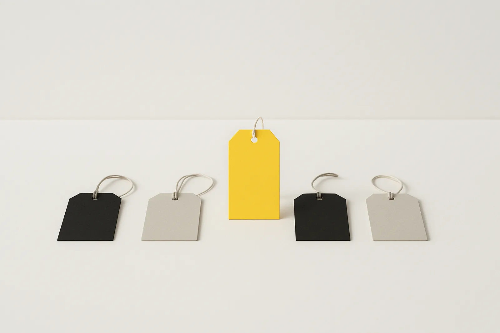 Four blank price tags in matte black and light grey on a paper-white surface in soft daylight, with a single blank lemon-yellow price tag standing upright in the middle.