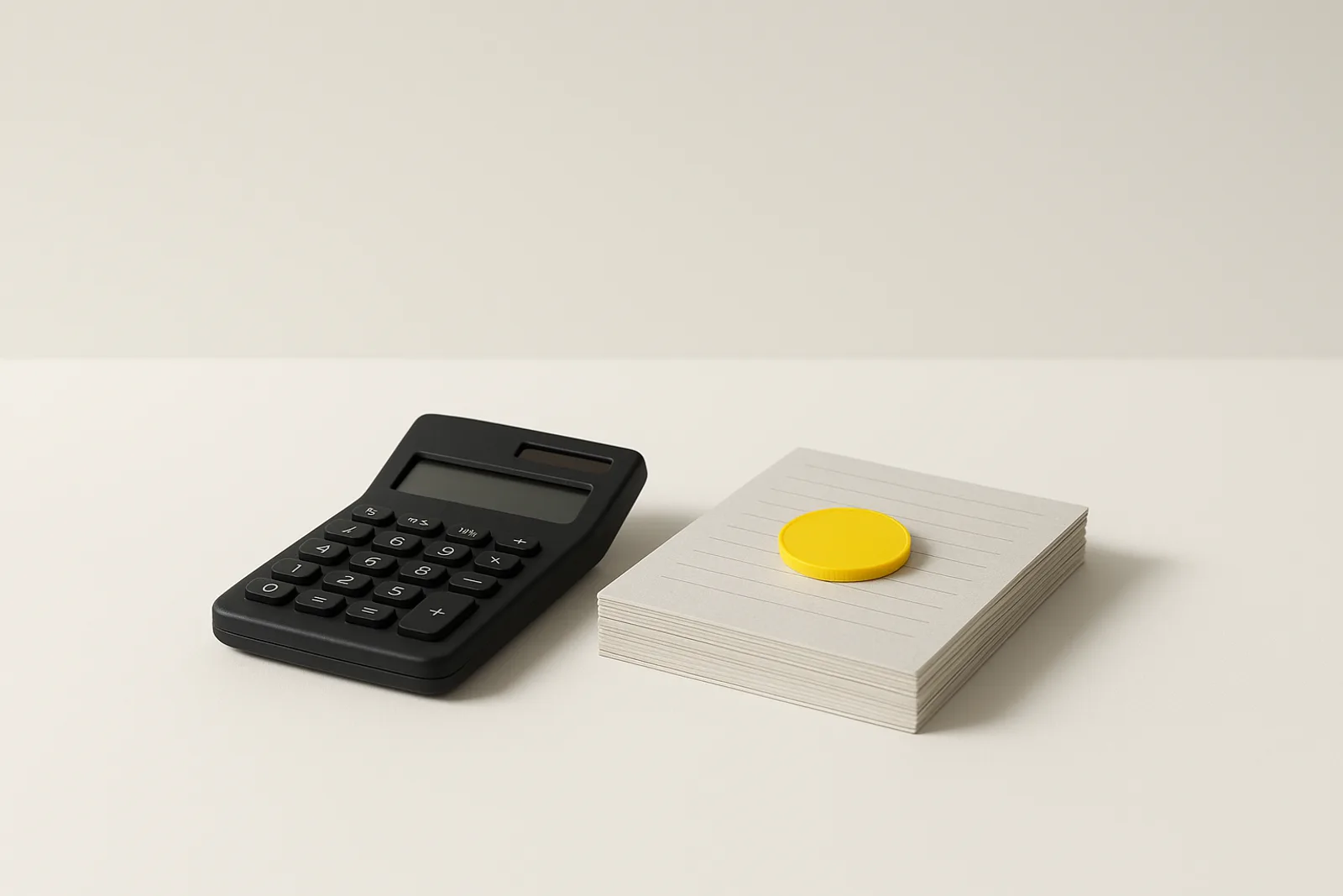 A matte black desk calculator on a white surface beside a stack of light grey ledger sheets, with a single lemon-yellow coin resting on top of the stack.