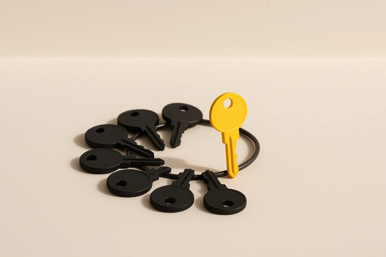 A single yellow key standing out on a ring of identical matte black keys, lying on a paper-white surface in soft daylight.