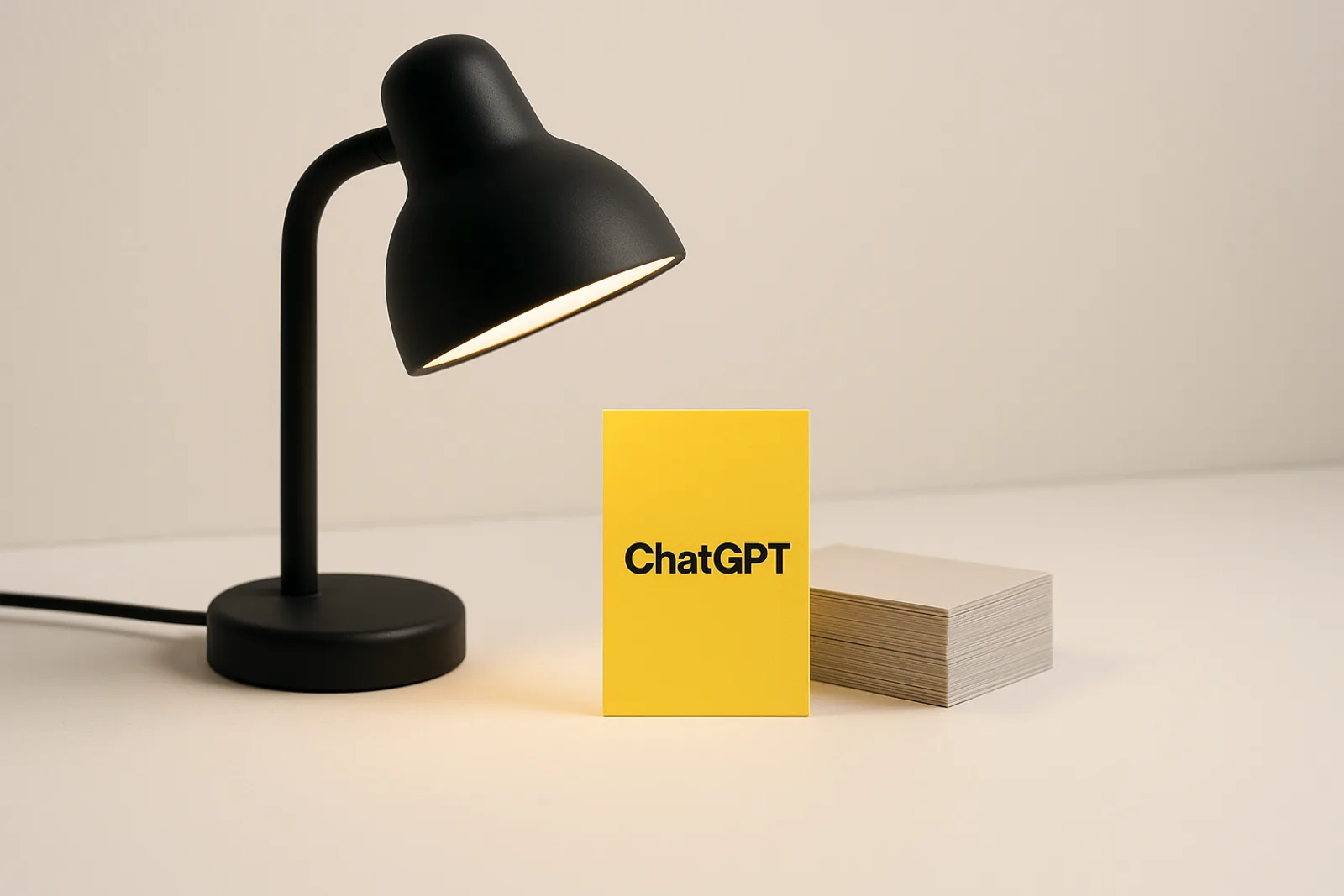 A matte black desk lamp shining onto a single lemon-yellow business card printed with the ChatGPT wordmark, standing upright beside a neat stack of plain grey cards.
