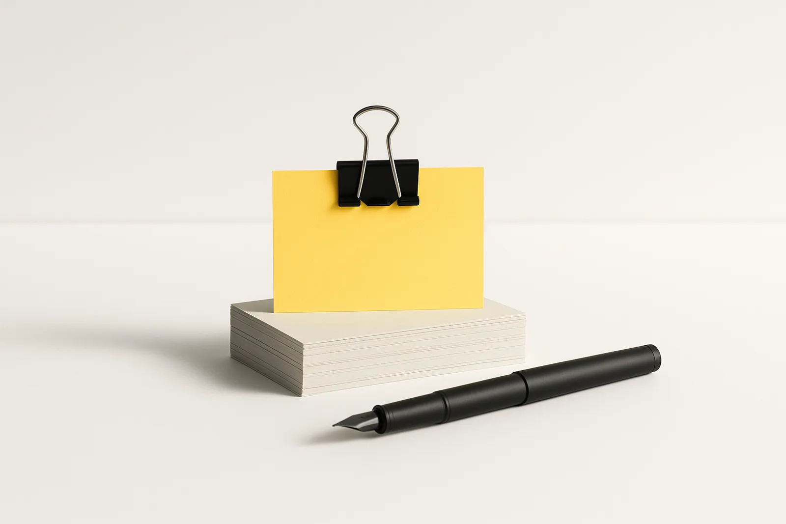 A lemon-yellow card standing upright in a matte black binder clip on top of a neat stack of plain grey reference cards, with a black fountain pen lying beside the stack on a white surface.