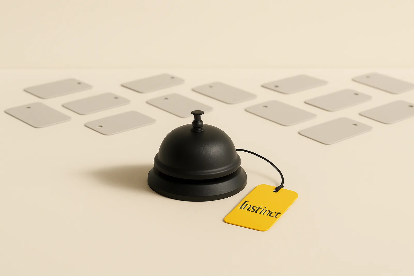 A matte black concierge bell on a paper-white floor beside a single yellow shopping tag printed with the Instinct wordmark, with rows of plain grey tags out of focus behind it.