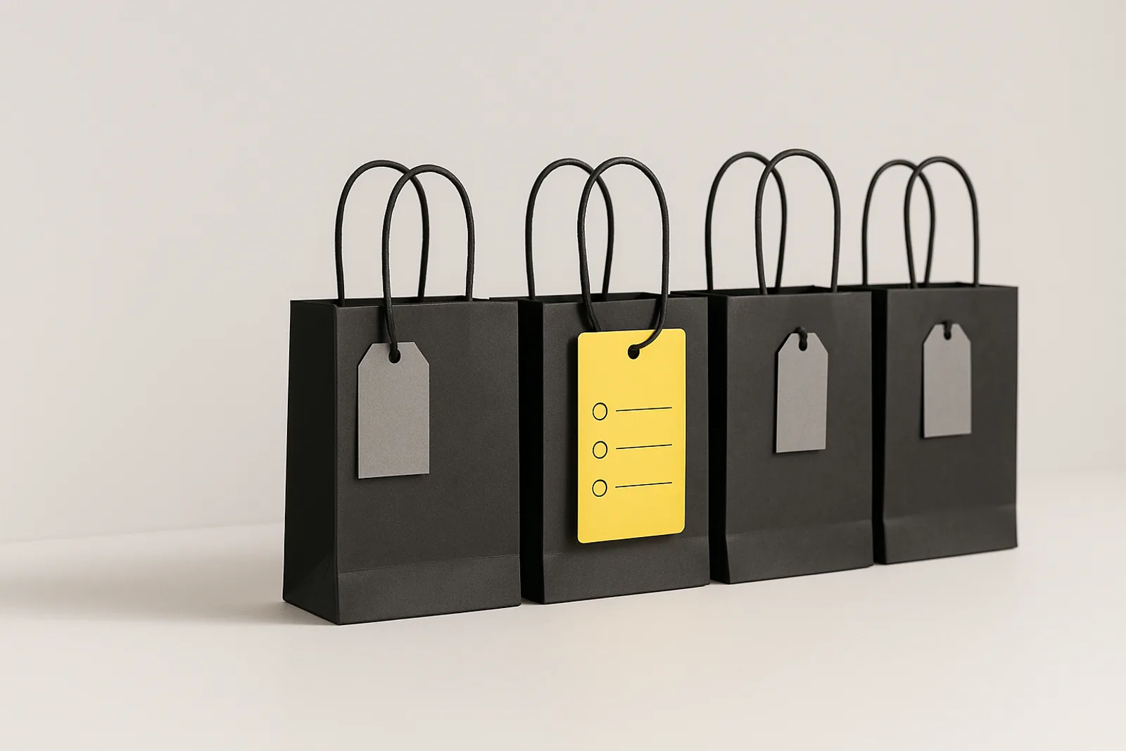 A row of matte black shopping bags with plain grey tags on a paper-white floor, one bag carrying a lemon-yellow checklist tag.