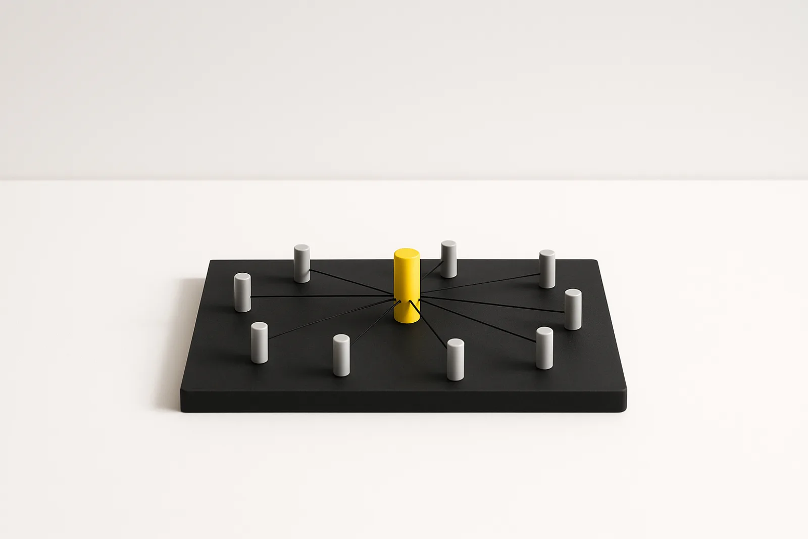 A matte black board with light grey pegs, each joined by a thin black thread to one lemon-yellow peg at the centre, a tidy entity map on a clean white surface.