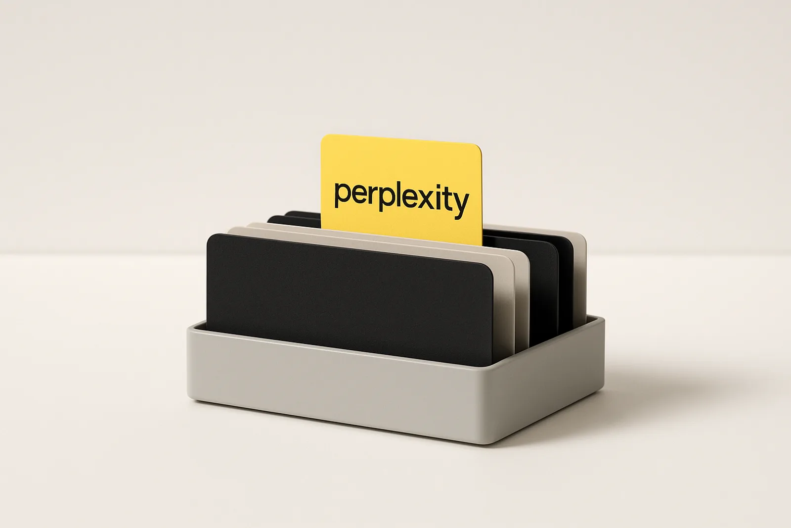 A low grey tray of matte black and light grey index cards on a clean white surface, with one lemon-yellow card raised above the others and printed with the lowercase Perplexity logo, like the one source an answer engine chooses to quote.