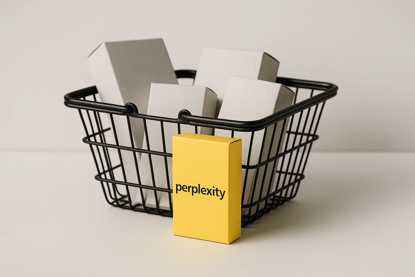 A matte black wire shopping basket on a white surface holding grey product boxes, with one lemon-yellow box in front printed with the Perplexity logo.