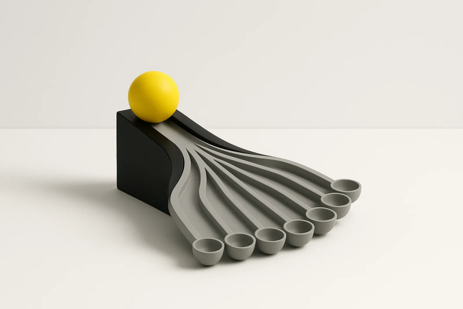 A matte black block on clean white with one lemon-yellow ball at the top of a grey groove that splits into seven channels, each ending in its own small cup, like one question fanning out into many searches.