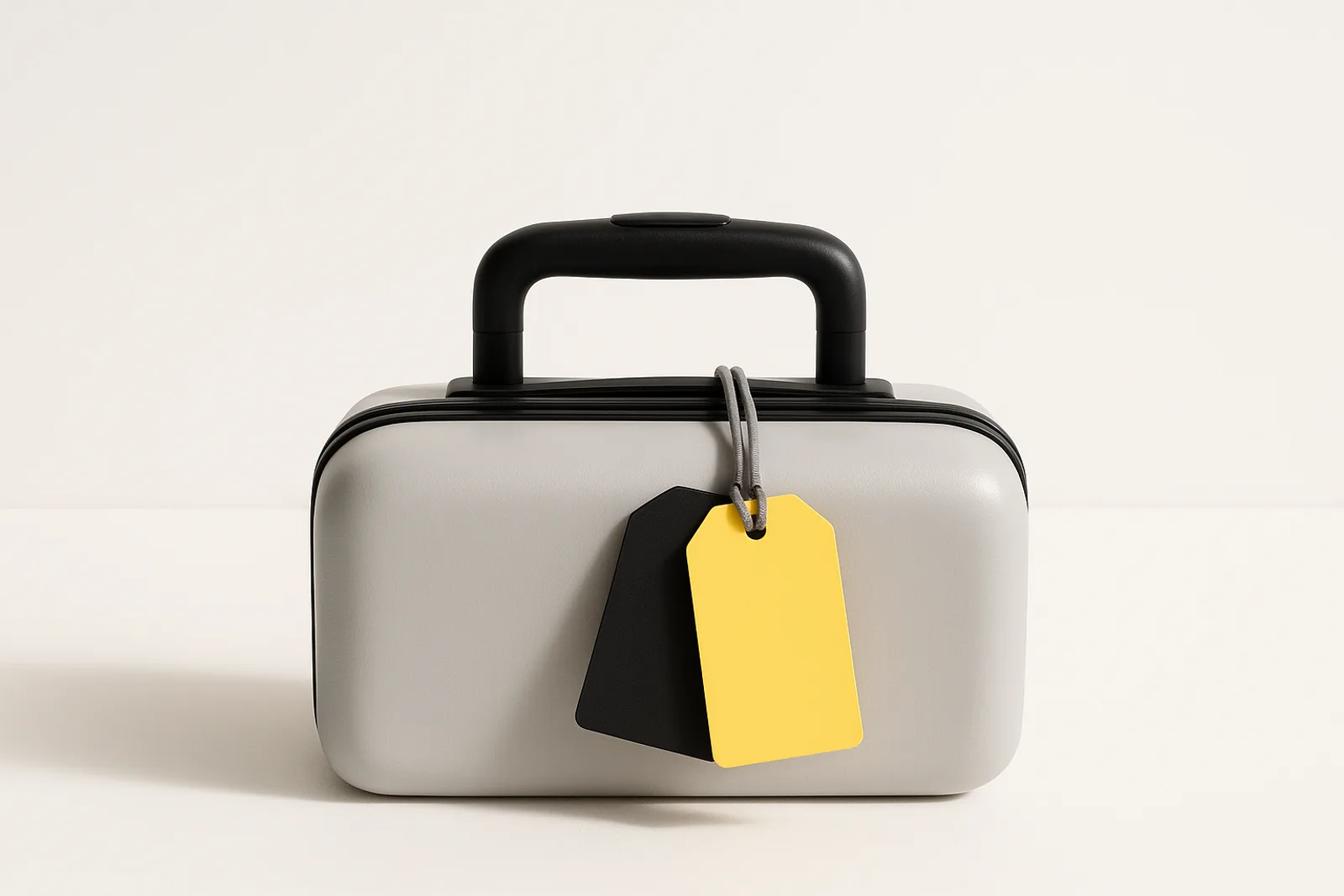 A light grey hard suitcase with a matte black handle, where a blank lemon-yellow luggage tag hangs on the same cord in front of an old matte black tag, the new label beside the old one on clean white.
