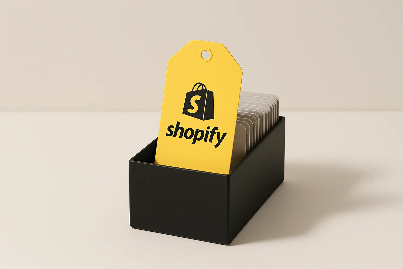 A lemon-yellow product tag printed with the Shopify logo standing in a matte black box of plain grey index cards, on a pale paper floor.