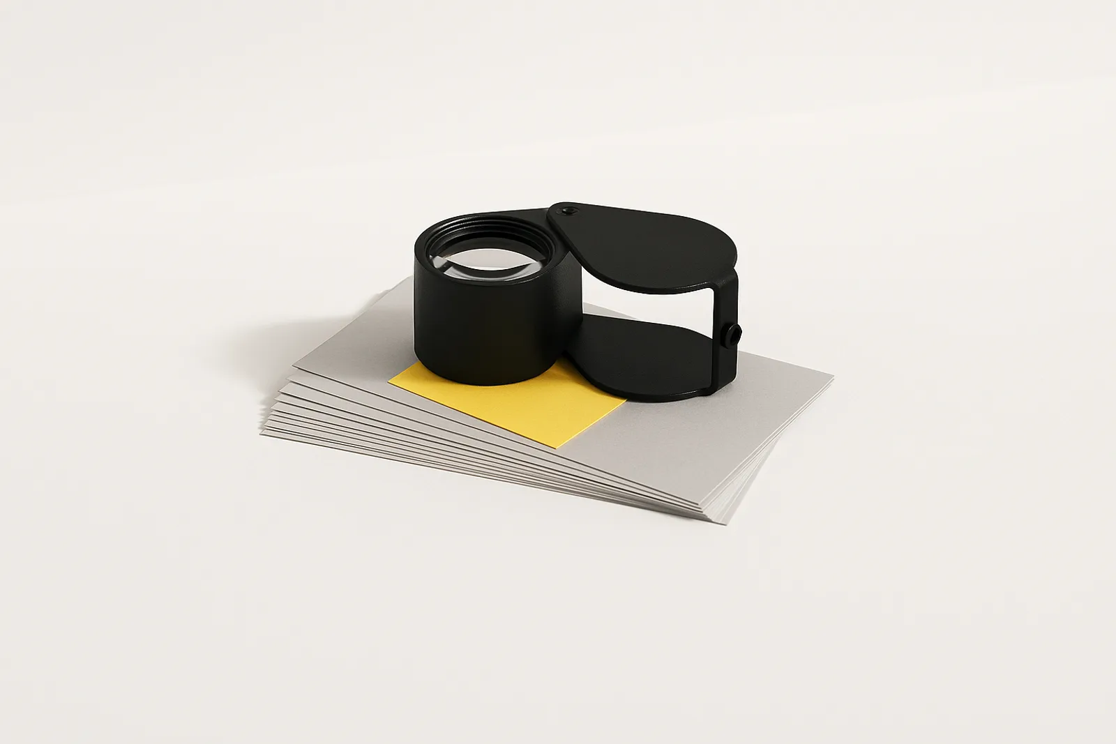 A matte black jeweler's loupe resting on a stack of grey cards on a paper-white surface, with a single yellow card under the lens.